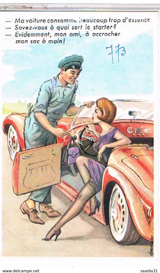 Illustrateur  LOUIS  CARRIERE Pin Up 9x14 MA VOITURE  CONSOMME  BEAUCOUP  TROP  D ESSENCE  ? N°773  CPM  TBE  PH141 - Carrière, Louis