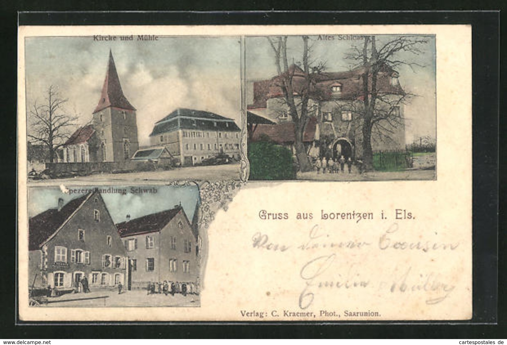 CPA Lorentzen, L'Église & Mühle, Altes Château, Spezereihandlung Schwab - Autres & Non Classés