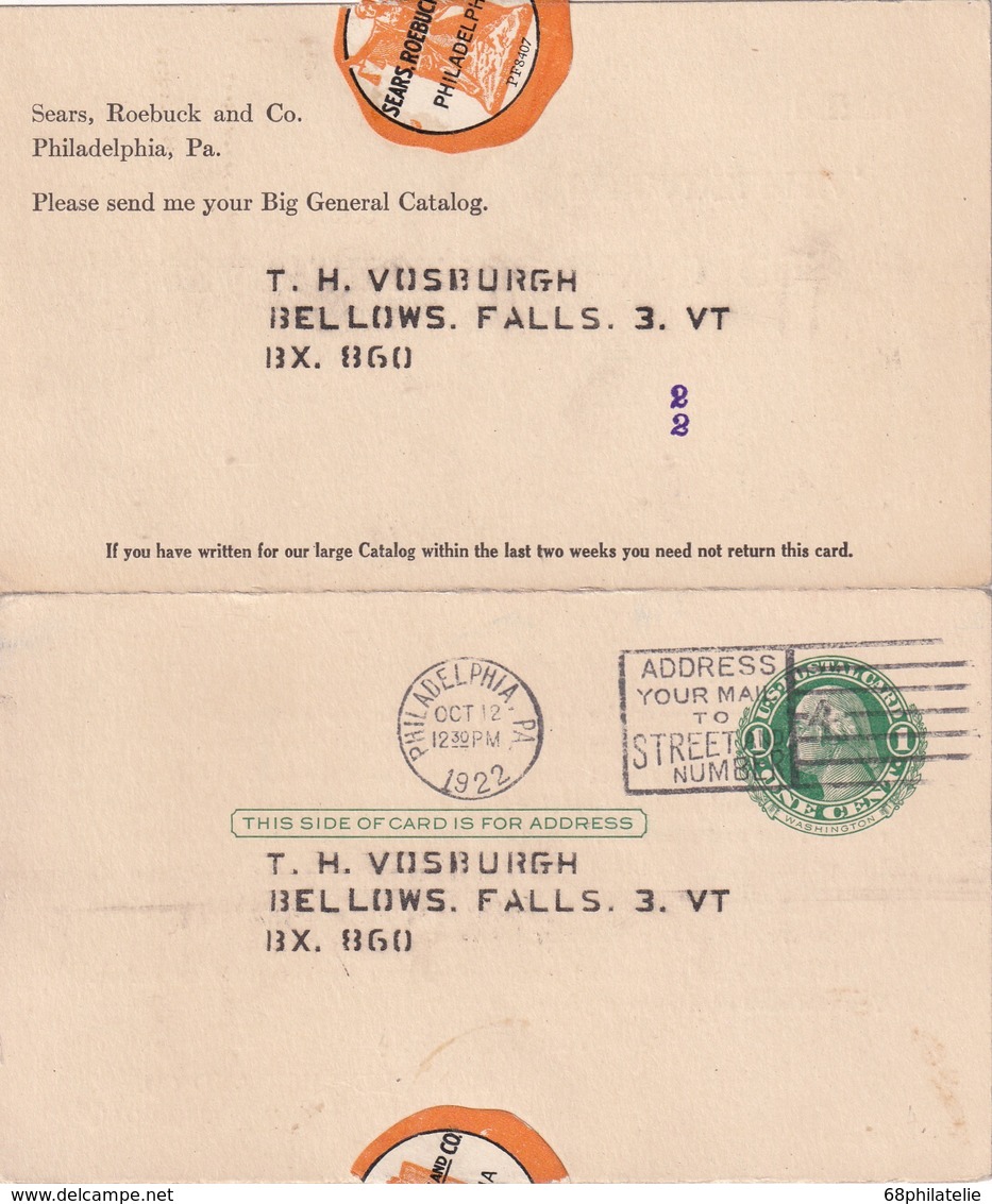 USA 1922     ENTIER POSTAL/GANZSACHE/POSTAL STATIONERY CARTE + REPONSE DE PHILADELPHIA - 1921-40