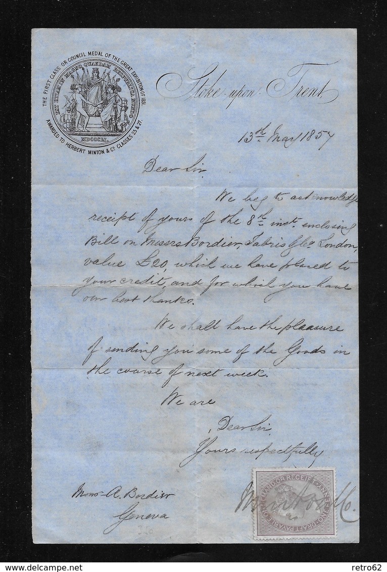 1857 Herbert Minton & Co Pottery, Stoke On Trient 1Penny Lilac Receipt - Lettres & Documents