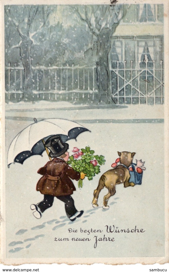 Die Besten Wünsche Zum Neuen Jahr - Kind Und Hund Mit Blumen 1941 - Nieuwjaar