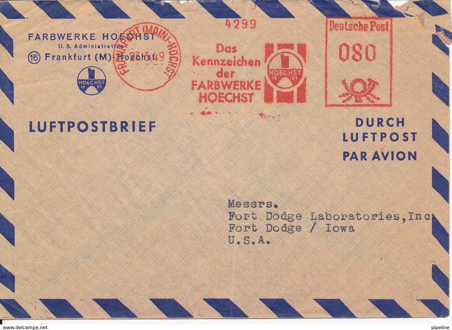 Germany Air Mail Cover With Meter Cancel Frankfurt Main Höchst 23-3-1949 Sent To USA (the Cover Is Damaged At The Top In - Covers & Documents