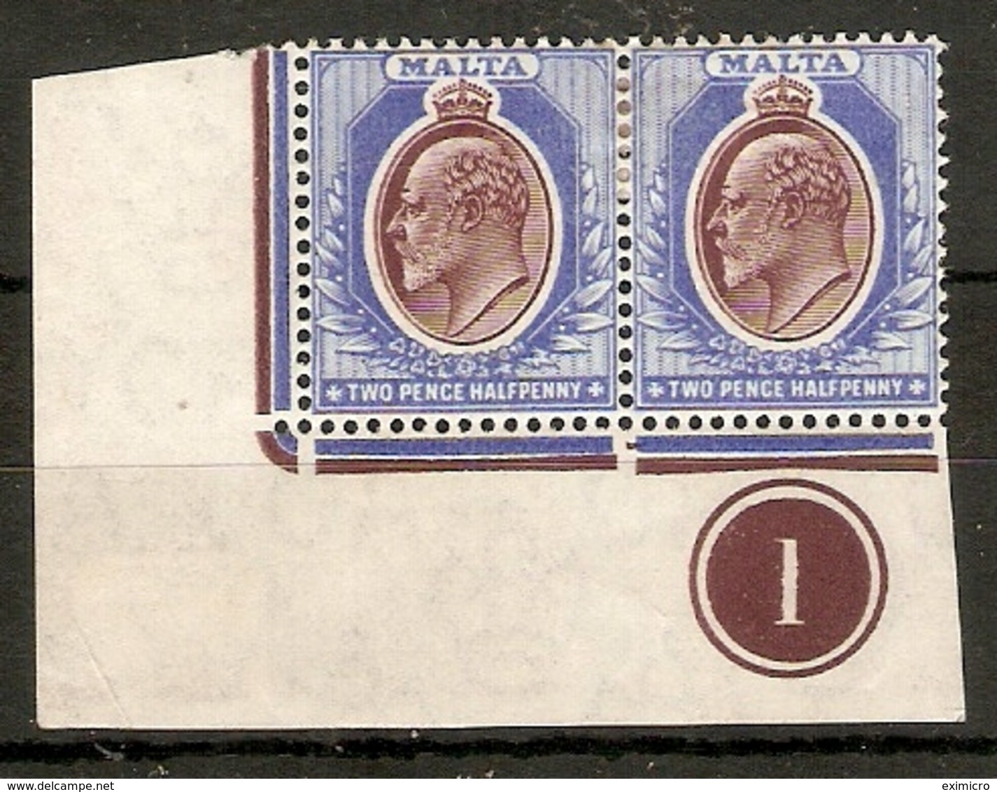 MALTA 1904 WMK MULT CROWN CA 2½d MAROON AND BLUE SG 52 IN SHEET NUMBER CORNER MARGINAL PAIR MOUNTED MINT  Cat £80 - Malta (...-1964)