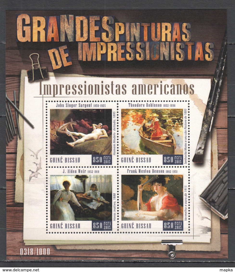 ST959 2015 GUINE GUINEA-BISSAU ART PAINTINGS GRANDES PINTURAS AMERICAN IMPRESSIONISTS KB+BL MNH - Impressionisme