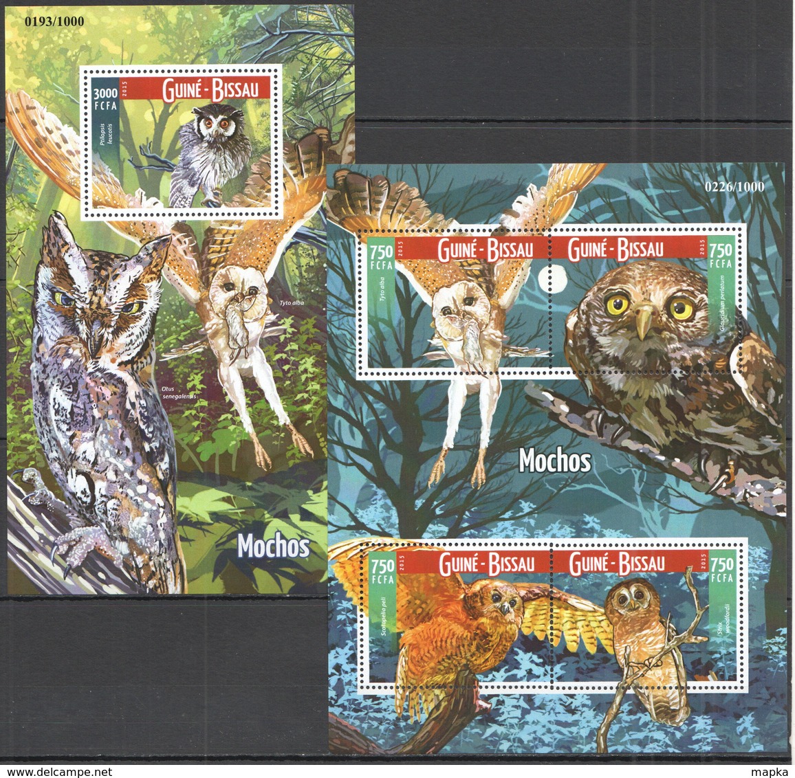 ST994 2015 GUINE GUINEA-BISSAU FAUNA BIRDS OWLS MOCHOS KB+BL MNH - Uilen