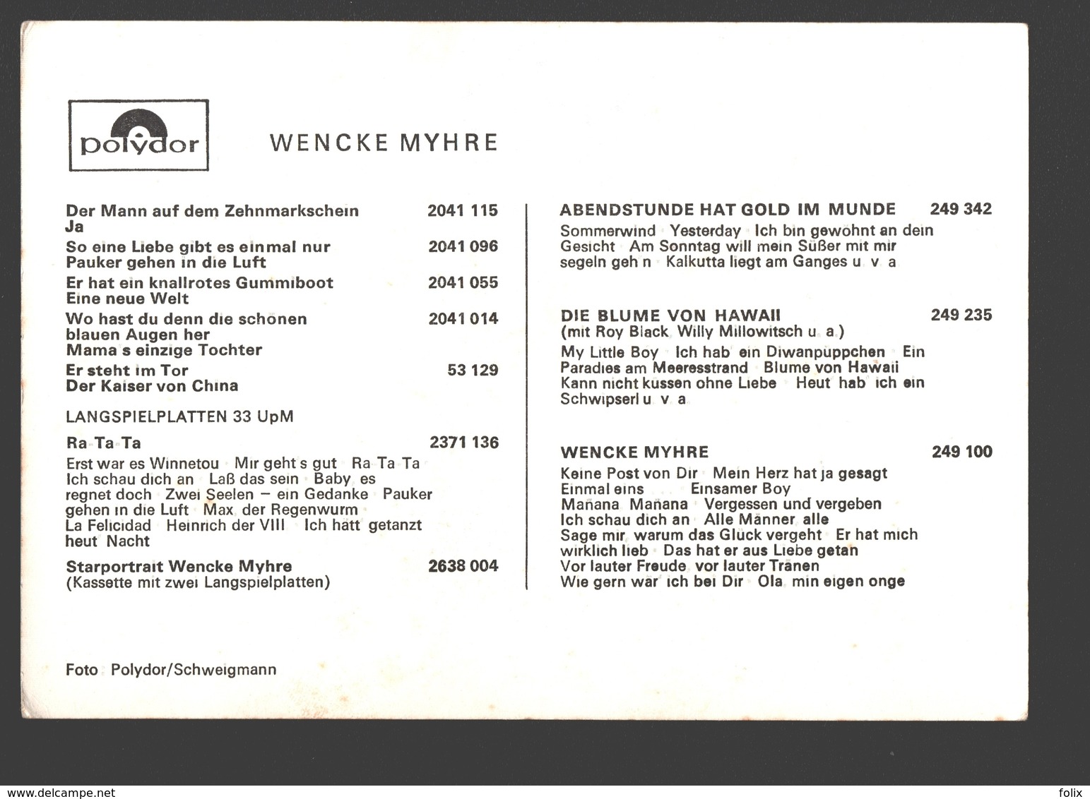 Wencke Myhre - Polydor Publicity Card - Musique Et Musiciens