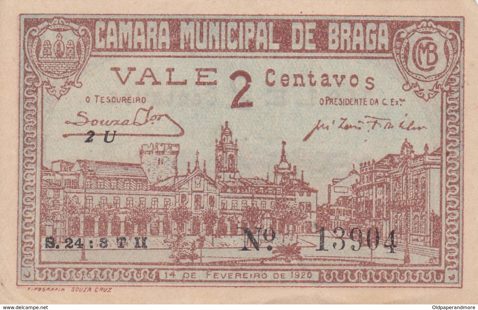 PORTUGAL BRAGA - CAMARA MUNICIPAL DE BRAGA  - CÉDULA De 2 CENTAVOS  - EMERGENCY PAPER MONEY - Portugal