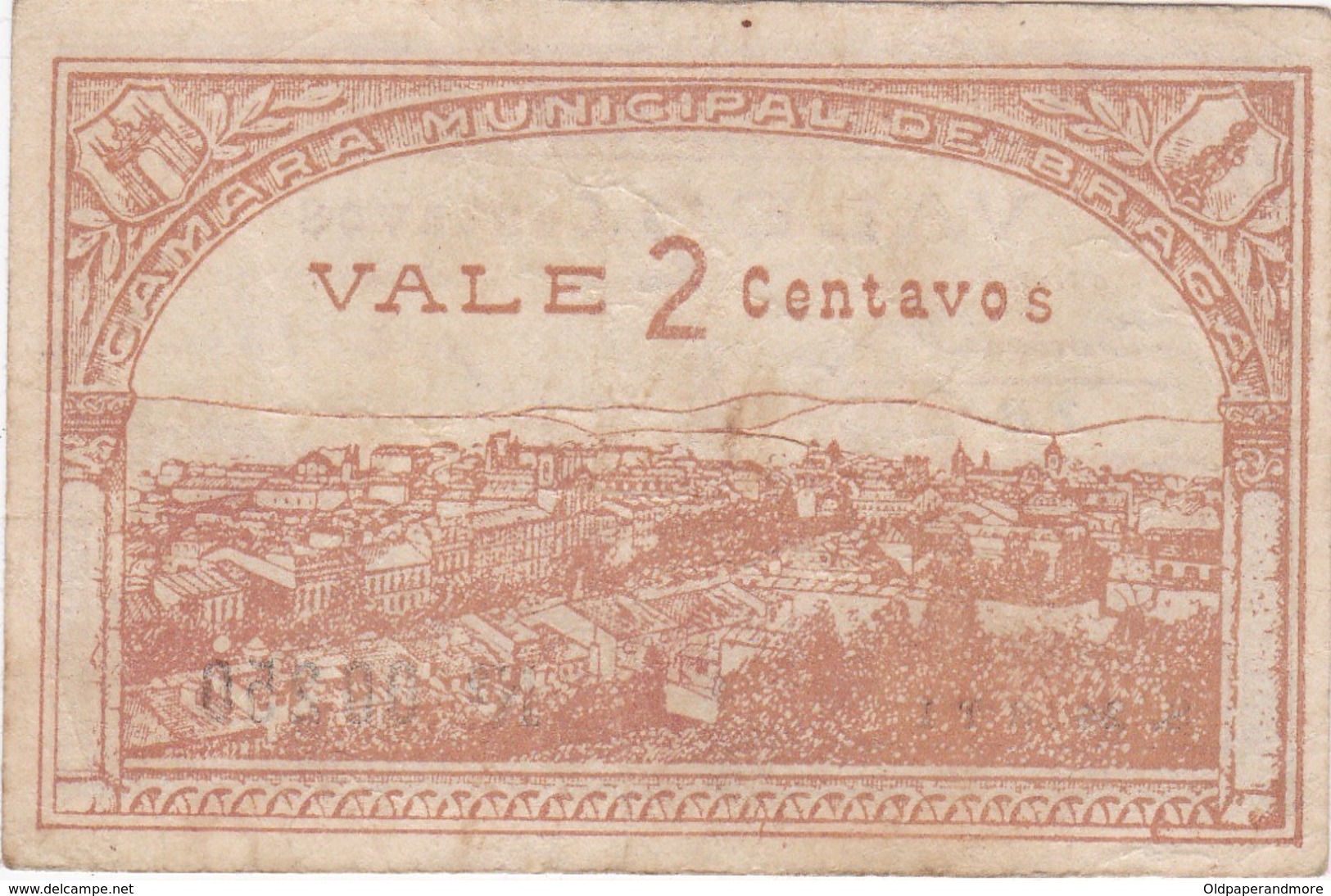 PORTUGAL BRAGA - CAMARA MUNICIPAL DE BRAGA  - CÉDULA De 2 CENTAVOS  - EMERGENCY PAPER MONEY - Portugal