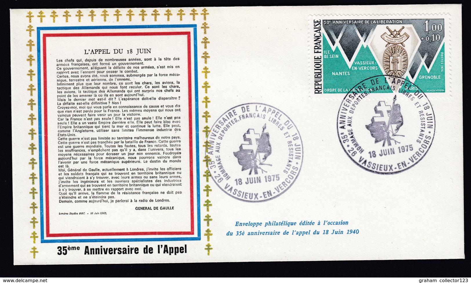 Lettre Brief 1975 France French Stamp Cover 35th Anniv De L'Appel WW2 Vassieux En Vercors Postmark - Militaria