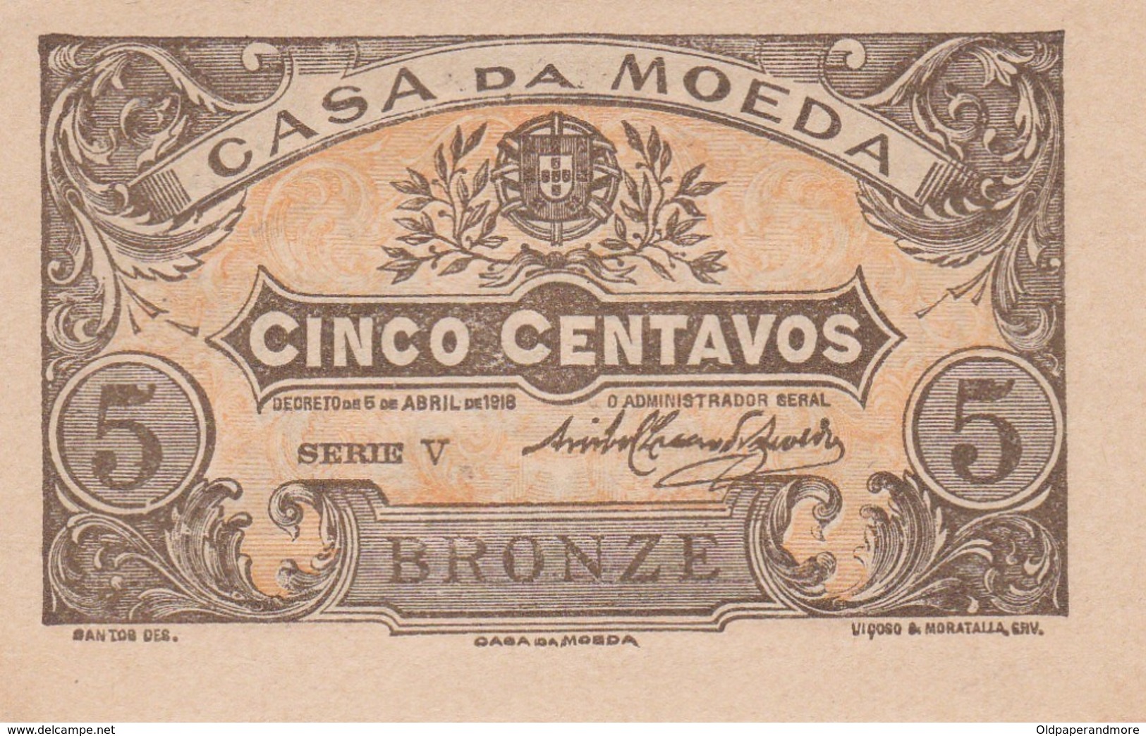 PORTUGAL CASA DA MOEDA   - CÉDULA De 5 CENTAVOS  - EMERGENCY PAPER MONEY - Portugal