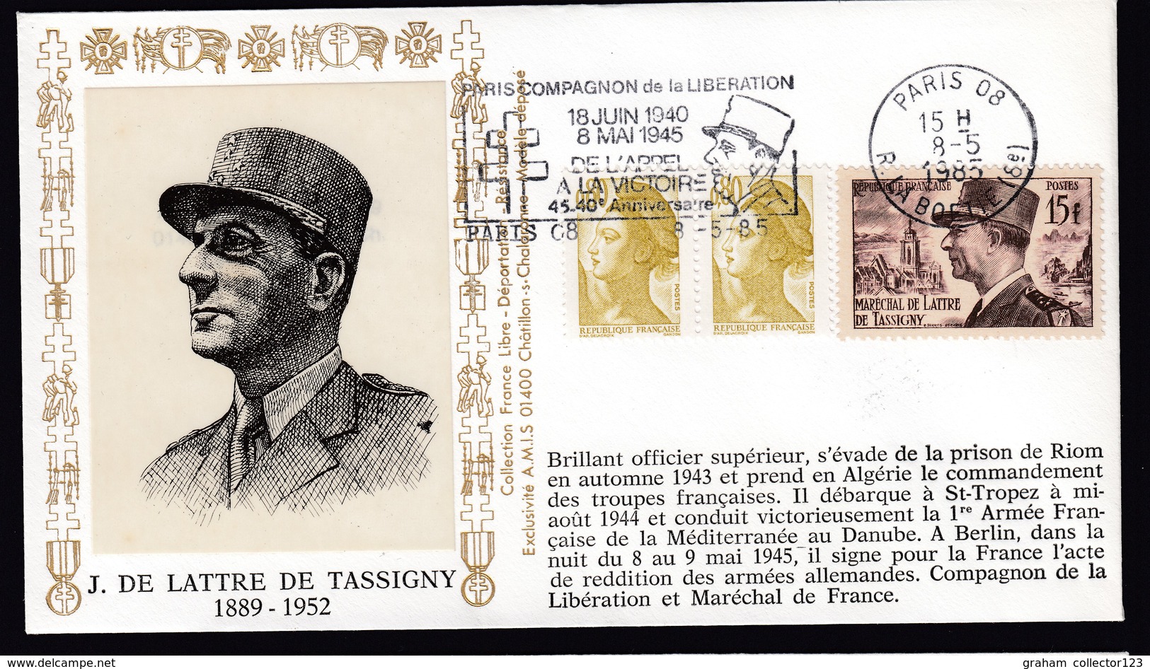 Lettre Brief 1985 France French Stamp Cover J De Lattre De Tassigny Cachet Paris Postmark - Militaria