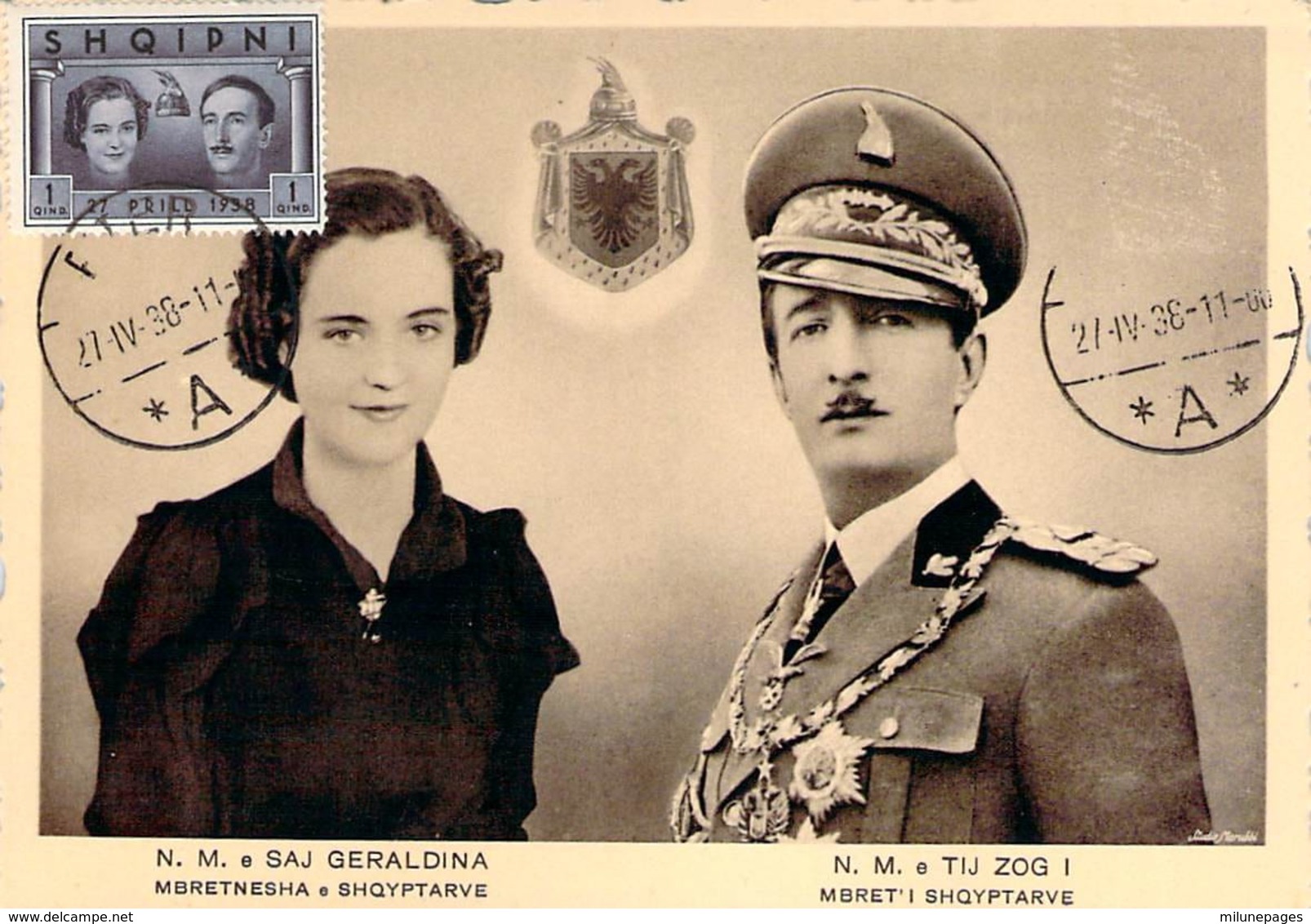 ALBANIE Shqipëria Carte Officielle Mariage Geraldina Et Tij Zog + Timbre Oblitération 27/4/1938 Rare - Albania