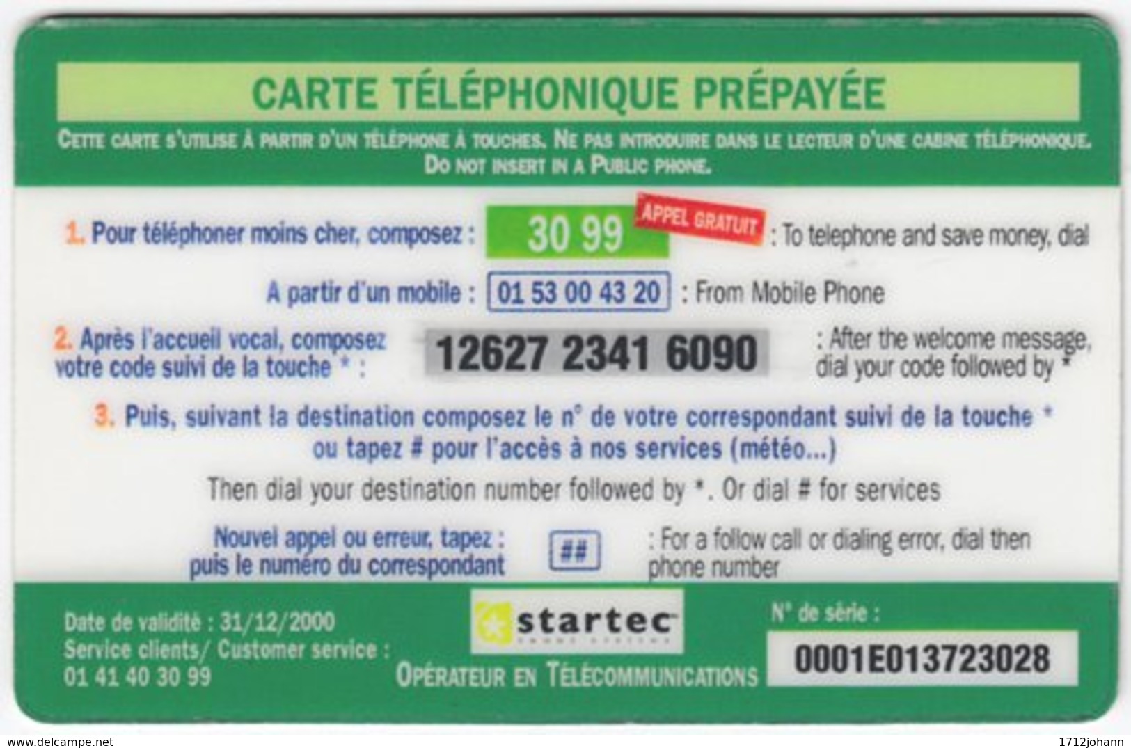 FRANCE C-526 Prepaid Startec - Used - Nachladekarten (Refill)