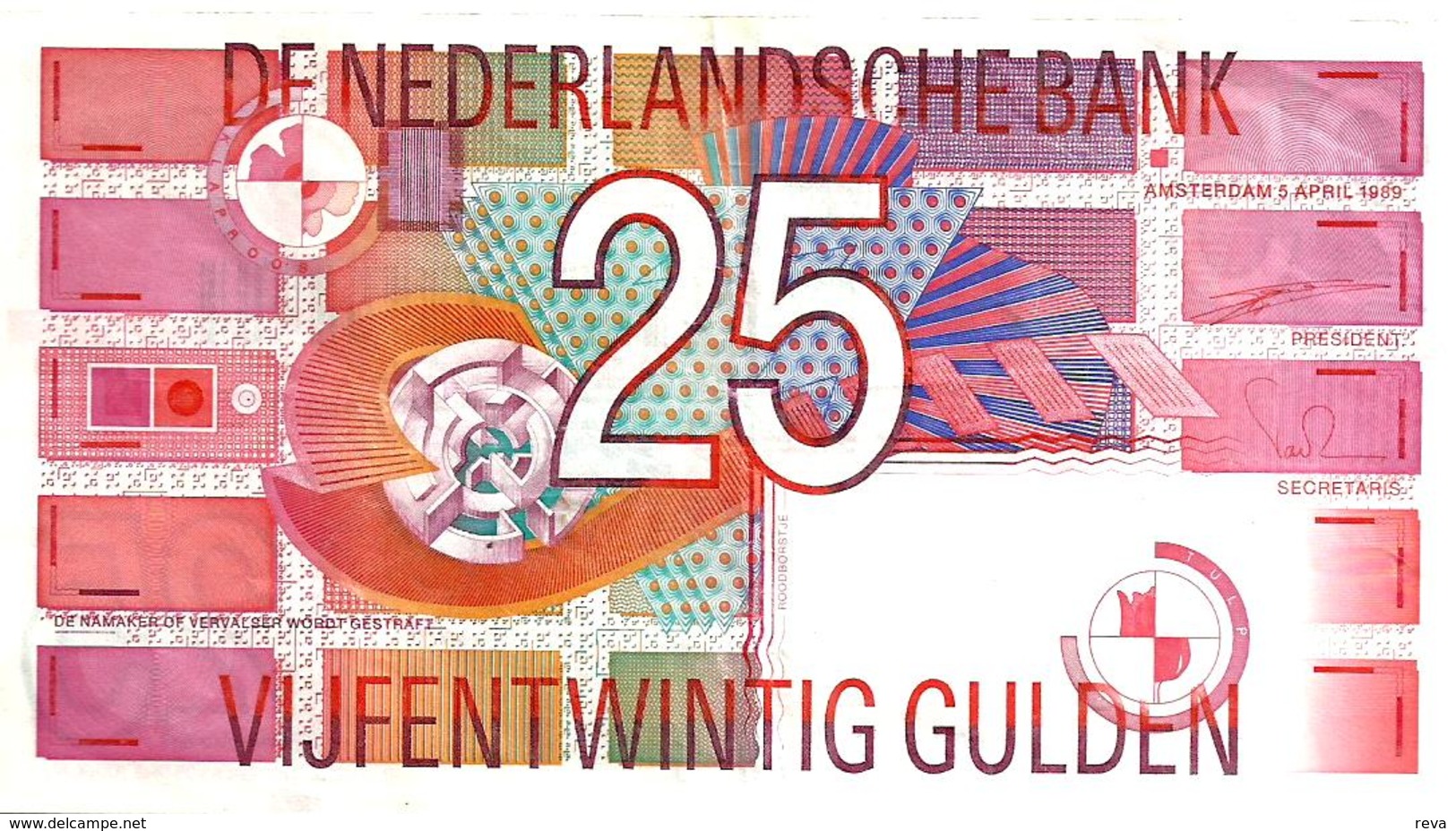 NETHERLANDS 25 GULDEN RED ABSTRACK  FRONT&MOTIF BACK 05-04-1989 P100 VF READ DESCRIPTION!! - 25 Gulden