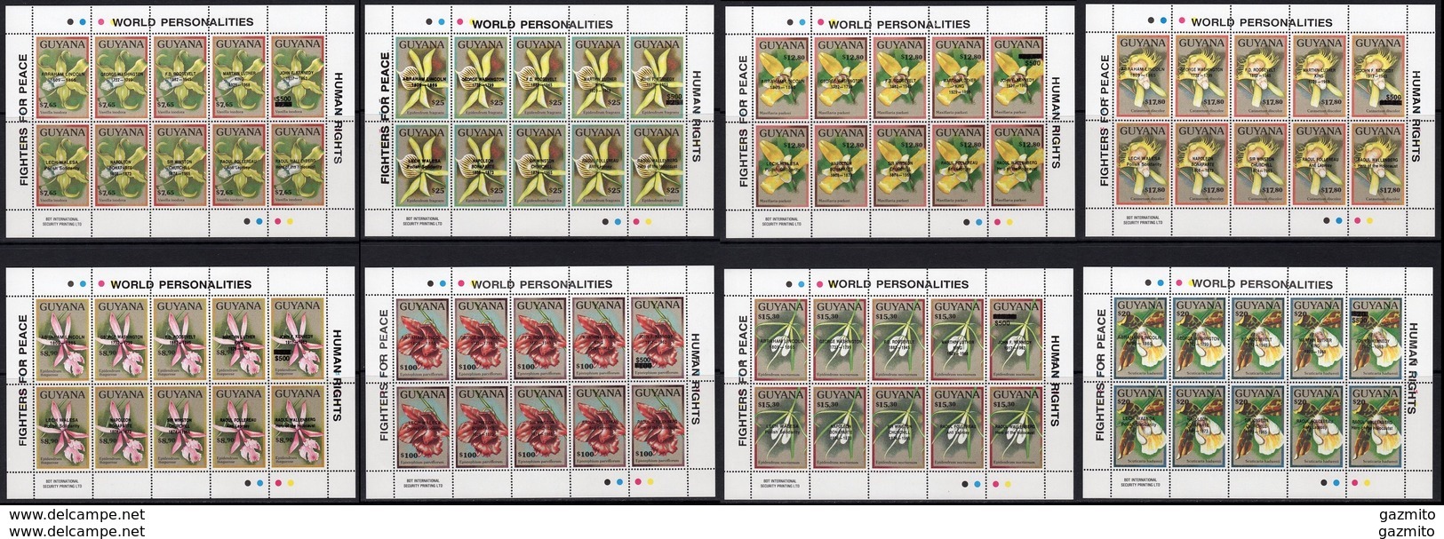 Guyana 1990, Orchids, Overp. Black Lincoln, Washington. M. L. King, Kennedy, Napoleon, Churchill, 8sheetlets - George Washington