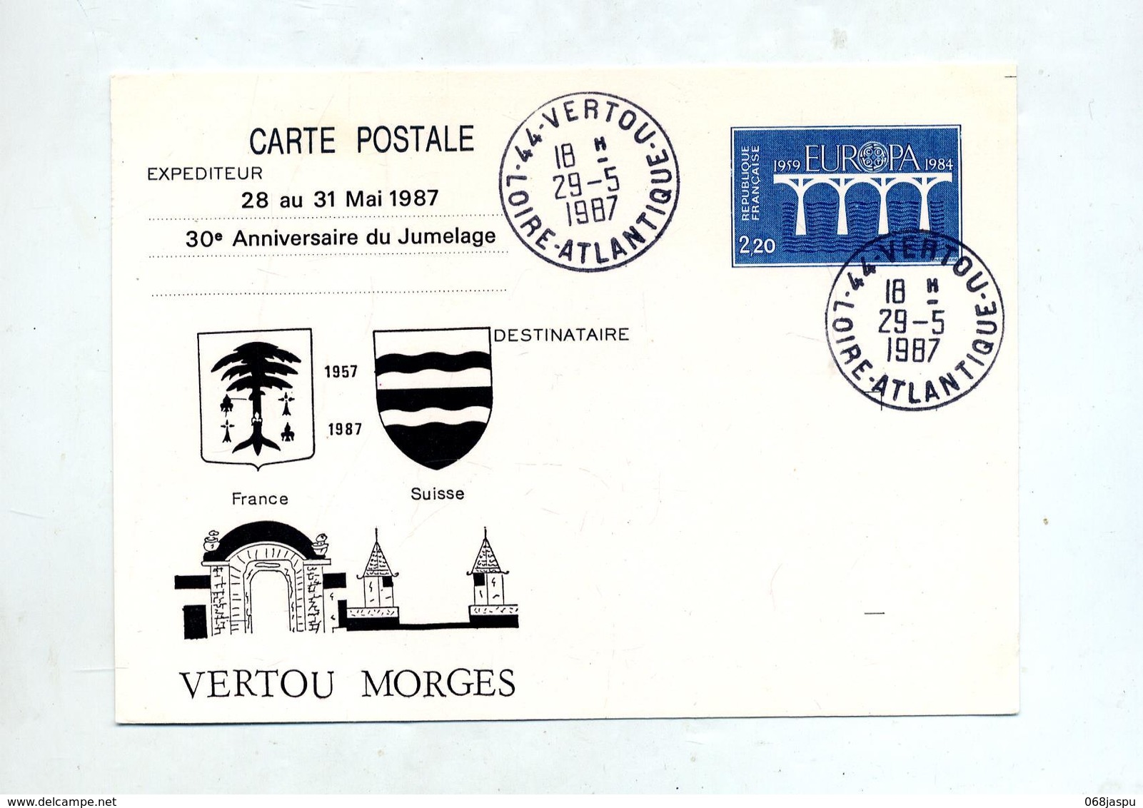 Carte Postale 2.20 Europa Cachet Vertou Illustré Jumelage Morges - Enveloppes Repiquages (avant 1995)