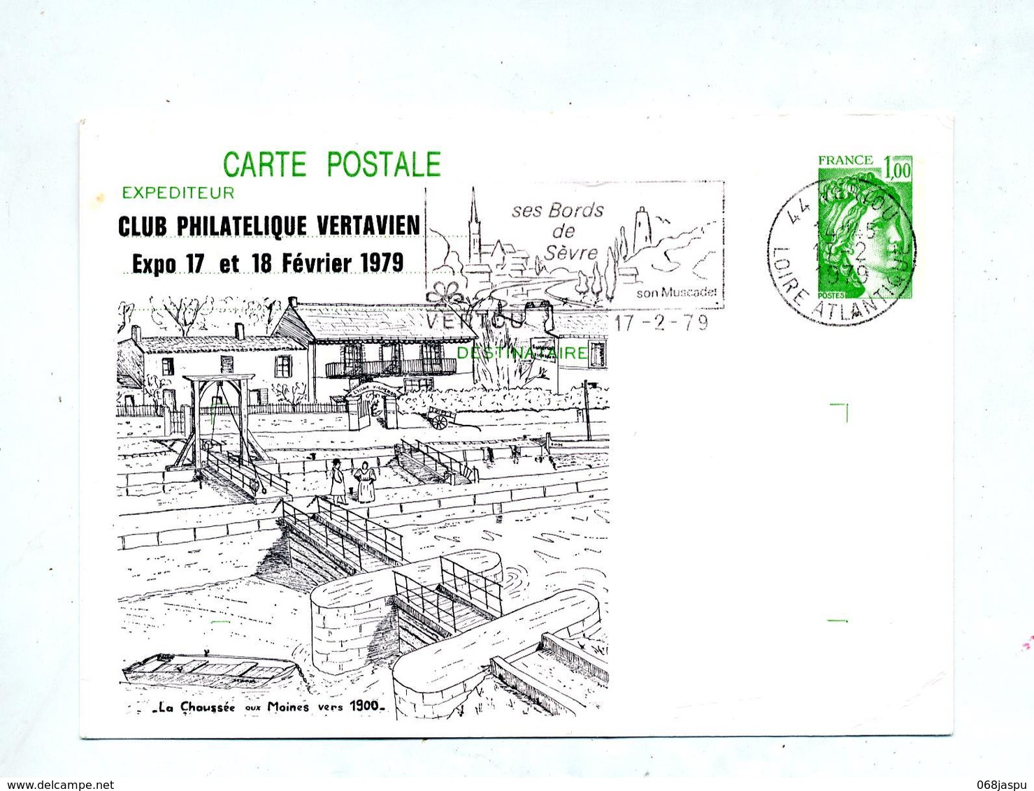 Carte Postale 1.00 Sabine Flamme Vertou Muscadet Illustré Chaussee Aux Moines Ecluses ? - Enveloppes Repiquages (avant 1995)