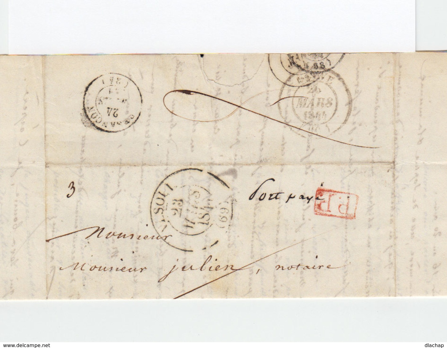 LAC De Vesoul Pour Sauve CAD Type 12 Vesoul 1844. CAD Besançon. C. PP Rouge Et Port Payé Manuscrit. (2324x) - 1801-1848: Precursori XIX