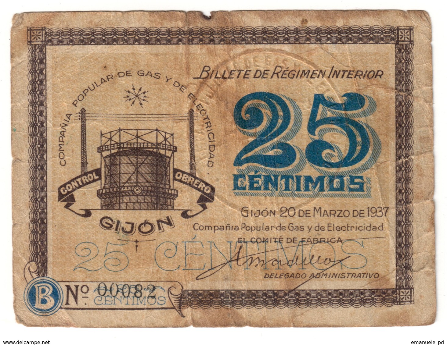 Spain Civil War Gijon 25 Centimos 20/03/1937 Low S/N 00082 Numero Bajo. Compania Popular De Gas Y Electricidad - Altri & Non Classificati