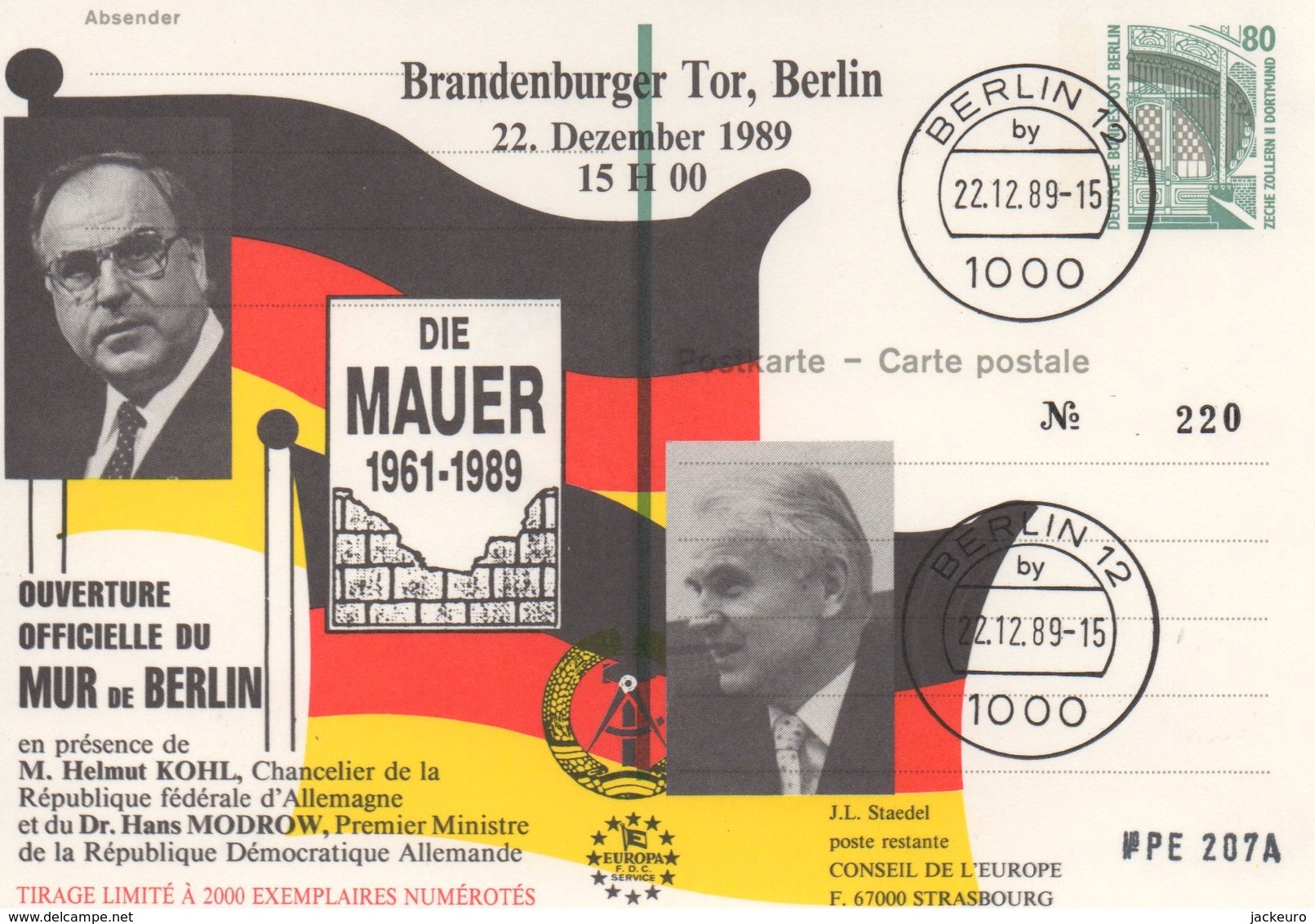 DI241 Allemagne 1989 - Mur De Berlin.  Entier Postal .TTB - Idées Européennes