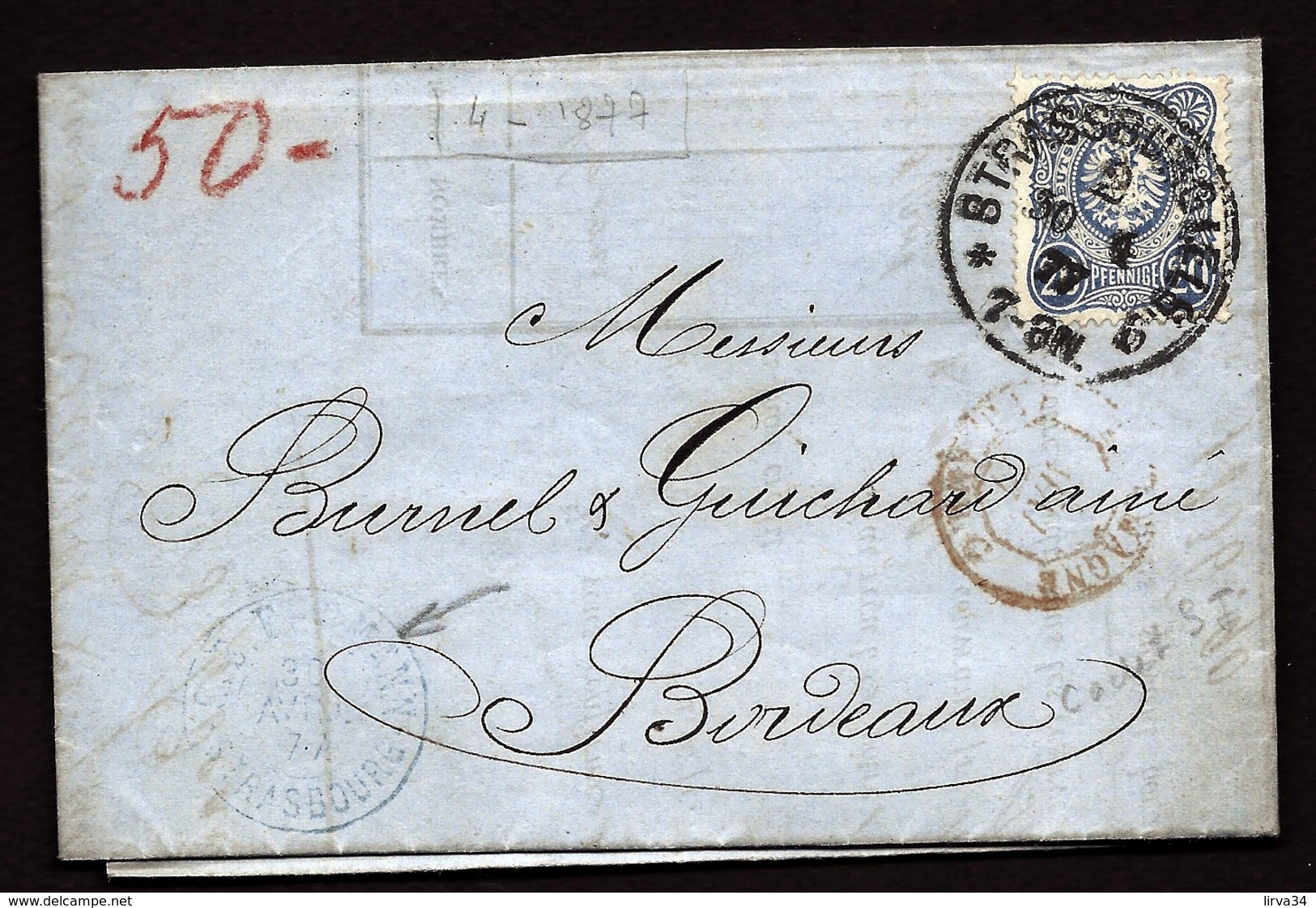 LETTRE ALSACE-LORRAINE OCCUPÉE- STRASBOURG POUR BORDEAUX- TIMBRES EMPIRE N°33 - CAD TYPE 7- 1876 - 3 SCANS + INFO - Briefe U. Dokumente