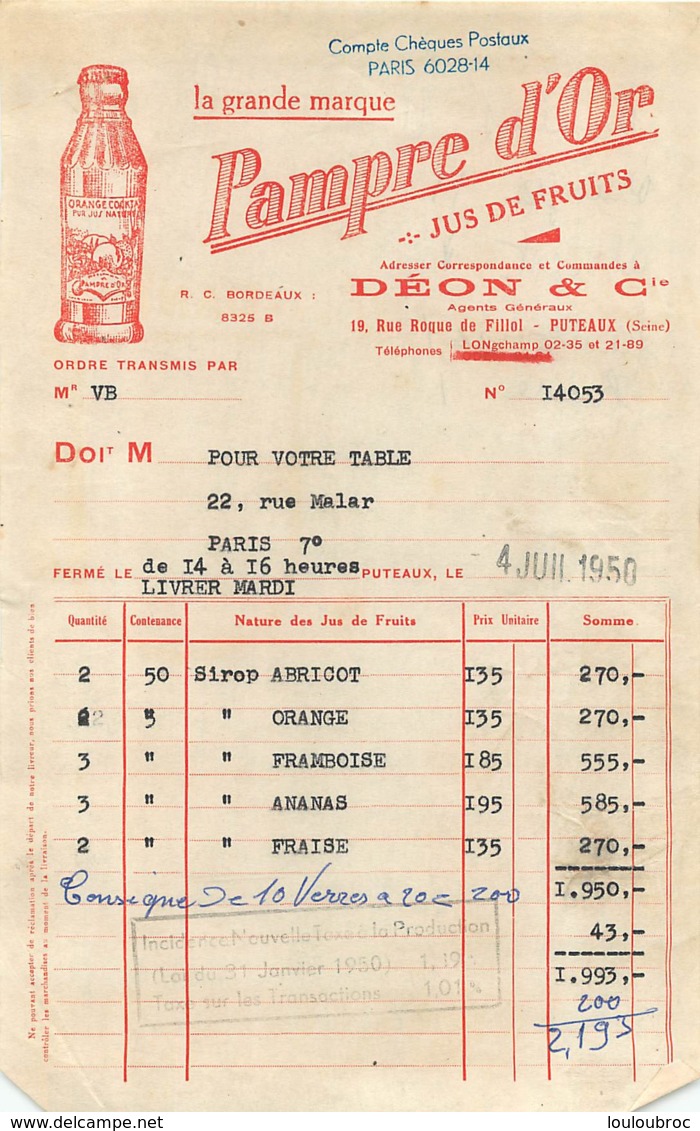 FACTURE 1950  PAMPRE D'OR DEON ET CIE PUTEAUX - 1950 - ...