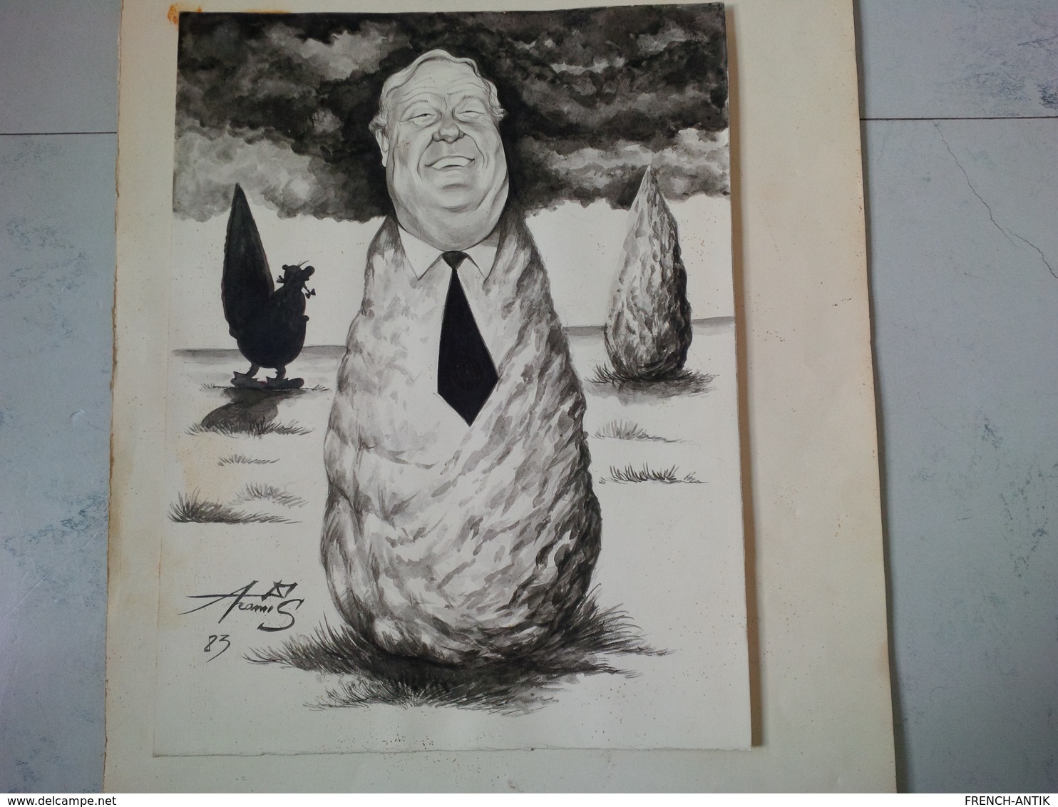 DESSIN JEAN MARIE LE PEN EN MENHIR OBELIX EN ARRIERE PLAN SIGNEE ARAMIS NE EN 1954 - Dessins