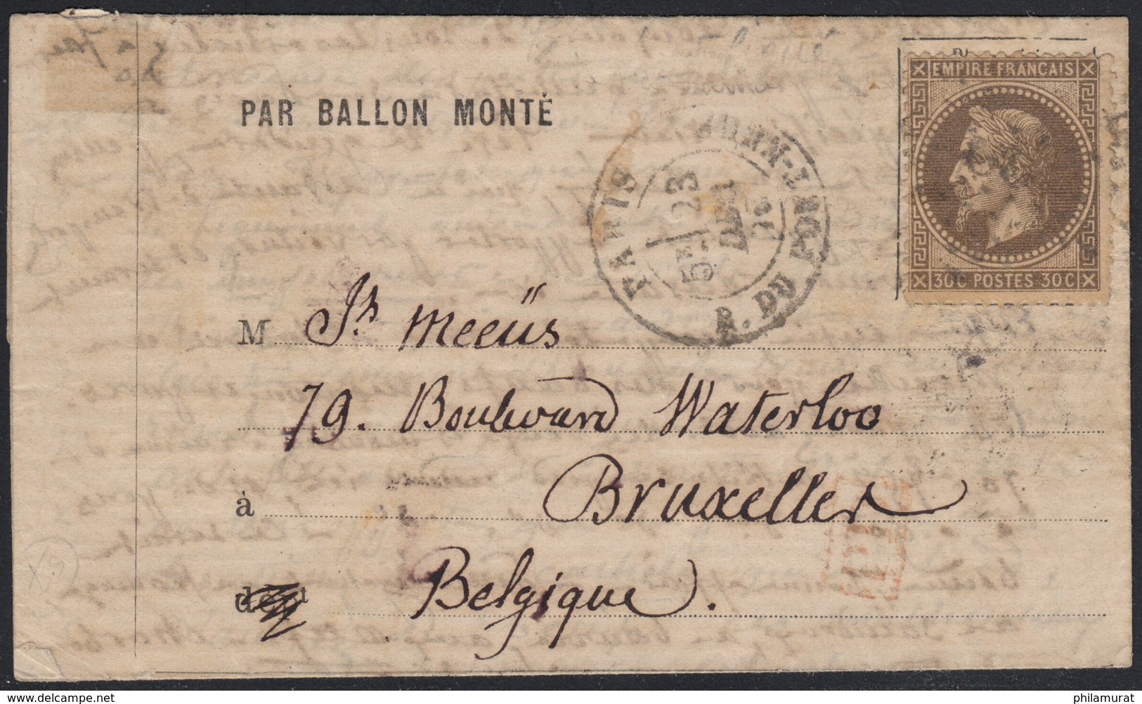 Ballon Monté "Le Tourville" Oblitéré 23/DEC./1870 Pour Bruxelles Belgique - 1863-1870 Napoléon III Lauré