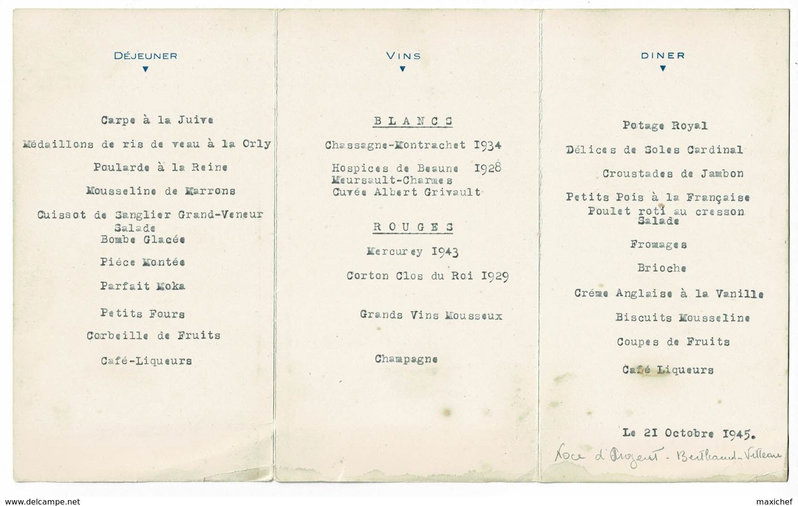 Menu Illustré 3 Feuillets, Dimensions 94 X 170 Mm - Noce D'Argent Berthaud-Vitteau - 21 Octobre 1945 - Menükarten