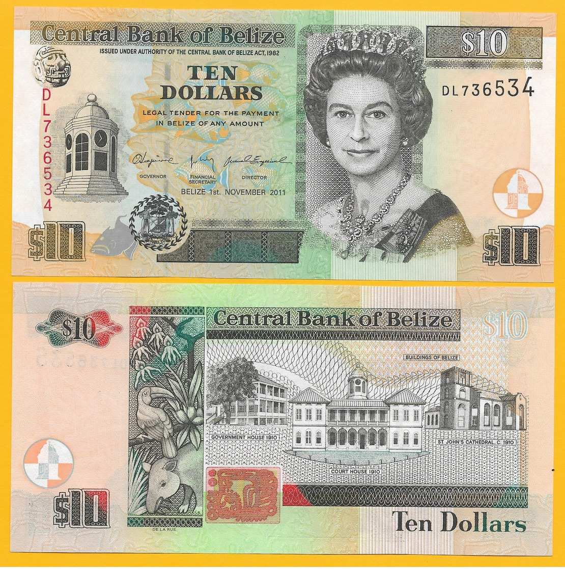 Belize 10 Dollars P-68d 2011 UNC Banknote - Belize