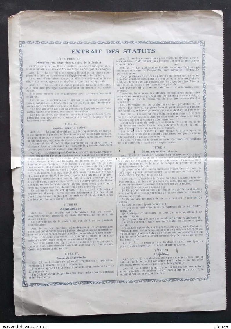 Societe Franco-Belge Du Senegal Et Du Niger. - Autres & Non Classés