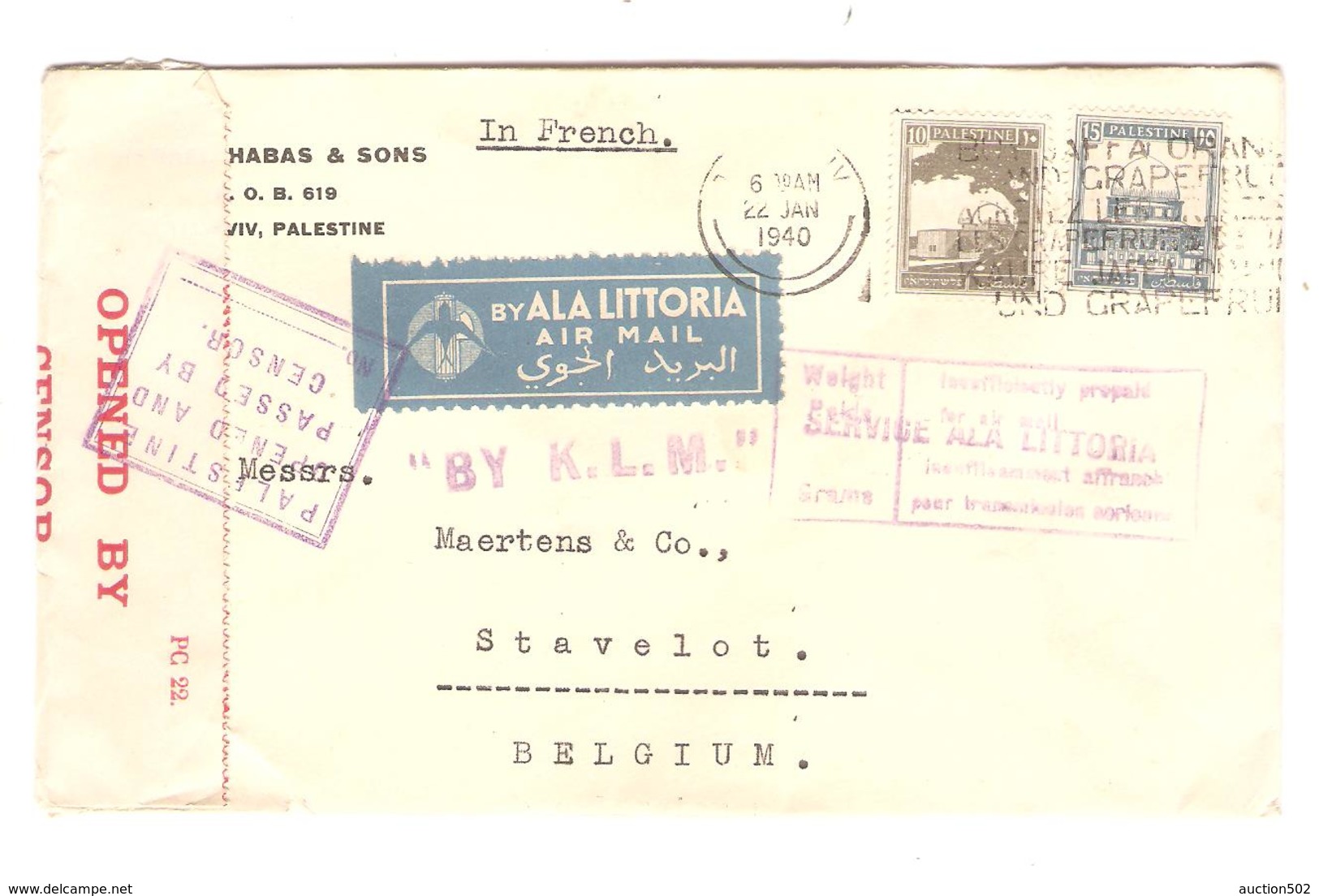 PR6554/ Palestine Air Mail Cover By K.L.M.Tel Aviv 22/1/1940 Censored Insufficiently Prepaid To Stavelot Belgium - Palestine