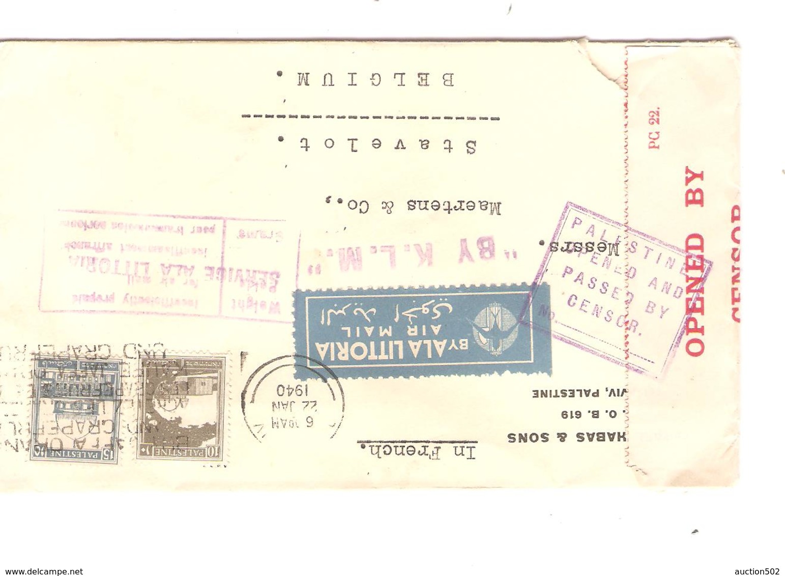 PR6554/ Palestine Air Mail Cover By K.L.M.Tel Aviv 22/1/1940 Censored Insufficiently Prepaid To Stavelot Belgium - Palestina