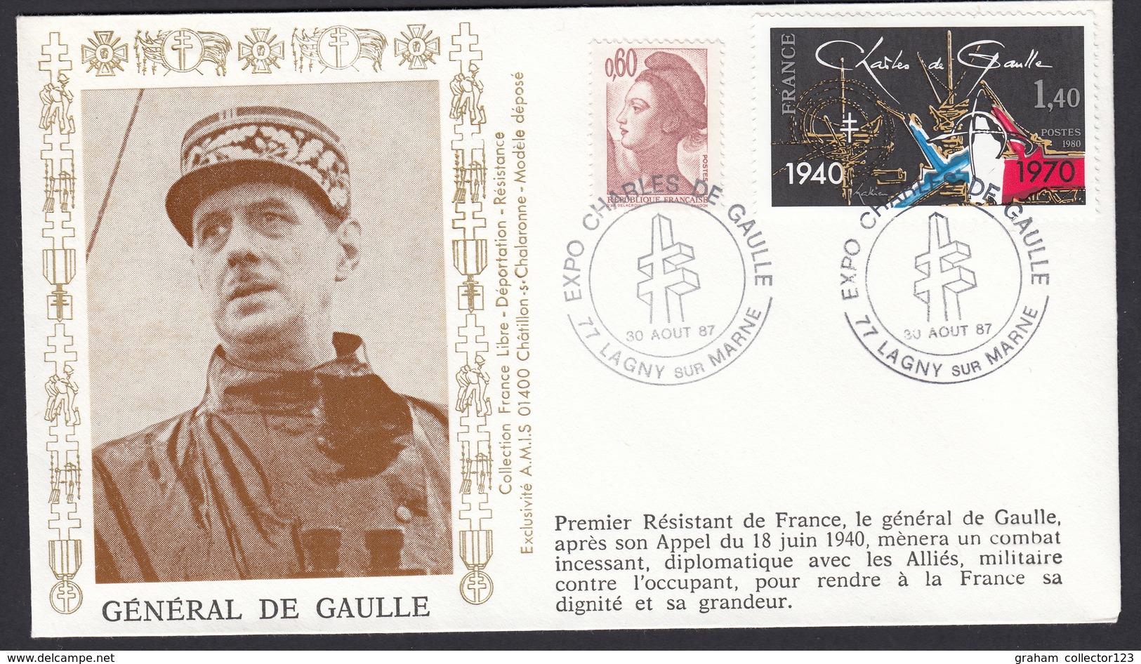 Lettre Brief 1987 France Army Cover WW2 WWII Exposition Charles De Gaulle Lagny Sur Marne - Militaria