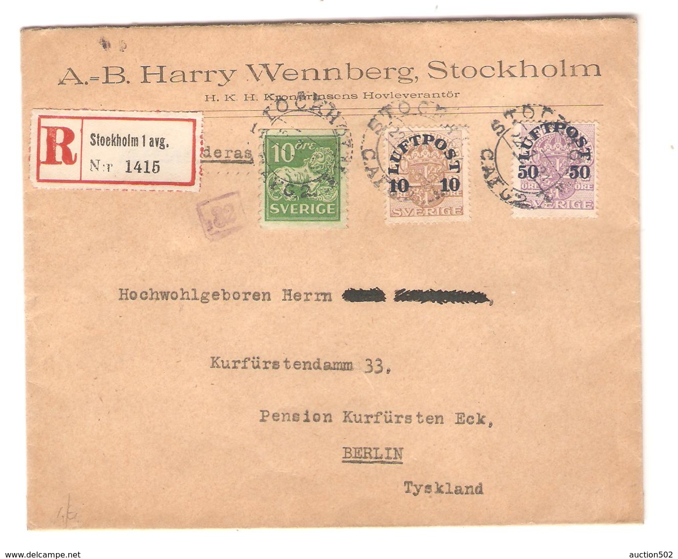 PR6556/ Sweden Registered Cover Stocklholm 1921 To Berlin Germany Wax Seal Tricolor Stamp - Lettres & Documents