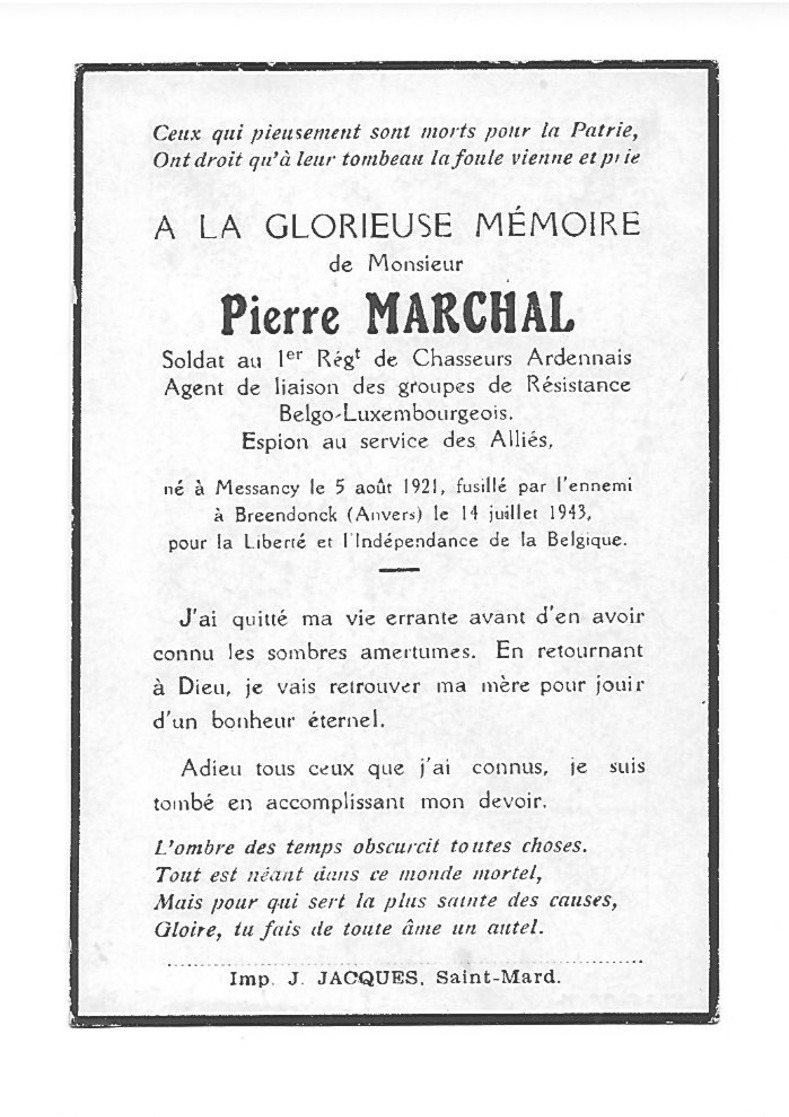 Messancy Pierre Marchal Soldat Espion Agent De Liaison Messancy 5 Août 1921 Fusillé à Breendonck  Anvers 14 Juillet 1943 - Messancy