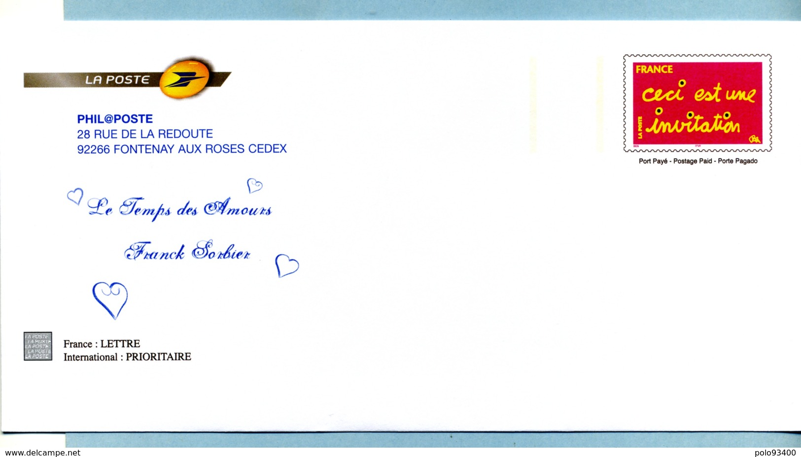 Enveloppe De Service Phil@poste  "Ceci Est Une Invitation"  Agrément  N° 809-Lot G4K/07P028 - PAP : Su Commissione Privata TSC E Sovrastampe Semi-ufficiali