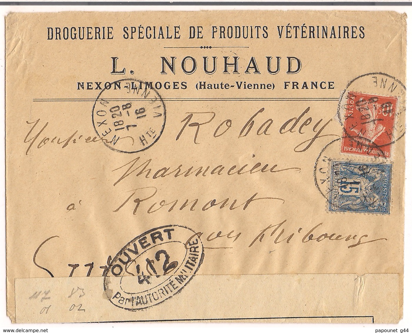 Lettre Nexon 1916  Destination Romont + Censure N° 412 - Guerre De 1914-18