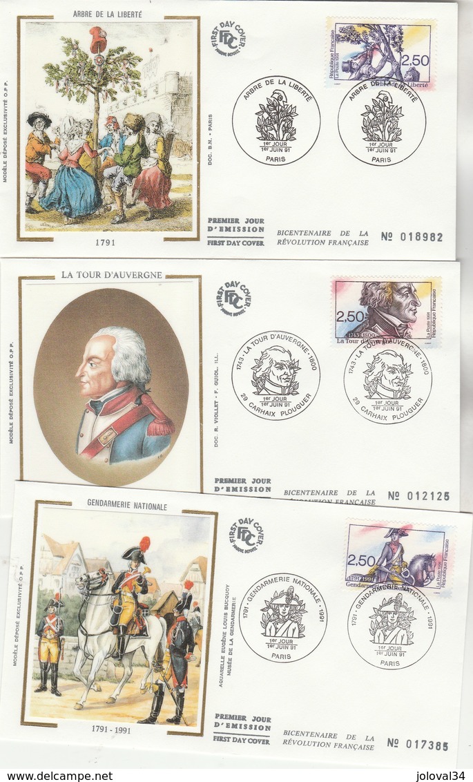 France Lot 5 Enveloppes  FDC Sur Soie 1991 Yvert  Série 2700 à 2703 Révolution - 2 Cachets Pour St Just - 2 Scan - 1990-1999