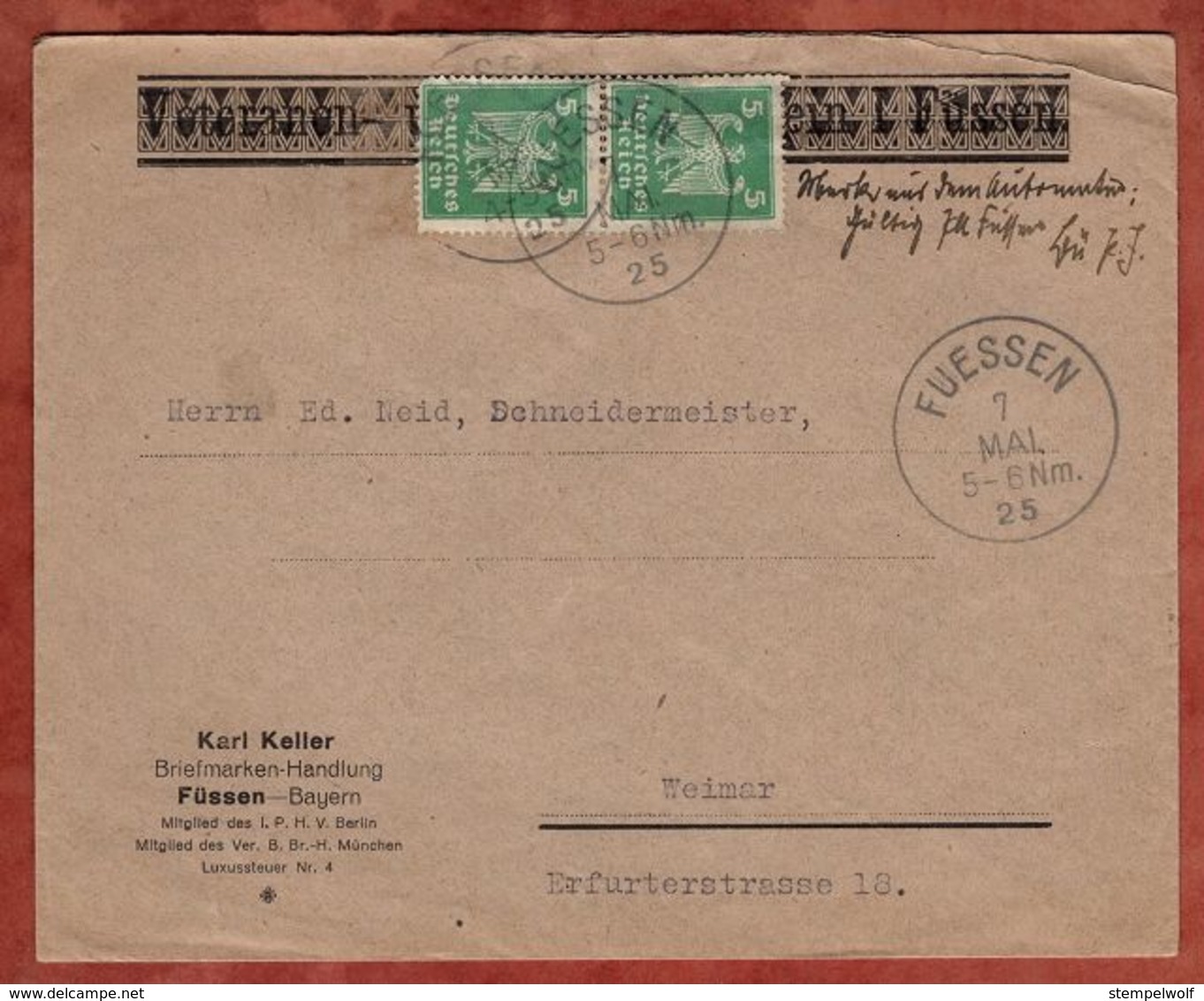Brief, Adler, Fuessen Nach Weimar, Postbetrug?, 1925 (74405) - Briefe U. Dokumente