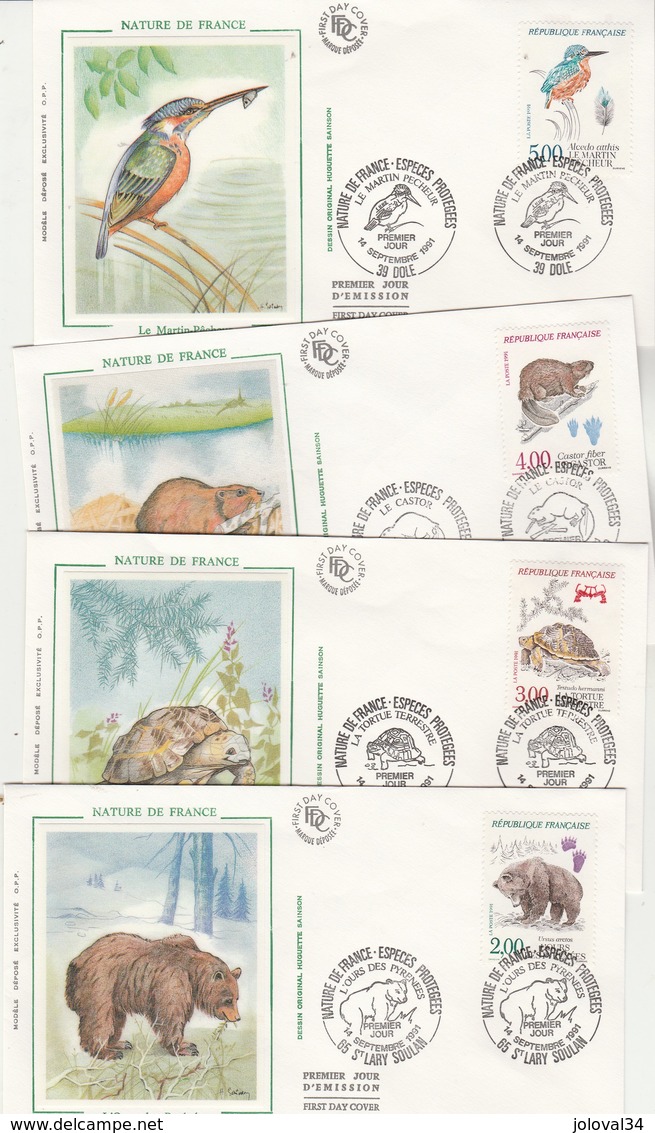 France Lot 4 Enveloppes  FDC Sur Soie 1991 Yvert  Série 2721 à 2724 Nature Animaux Tortue Ours Castor Martin Pêcheur - 1990-1999