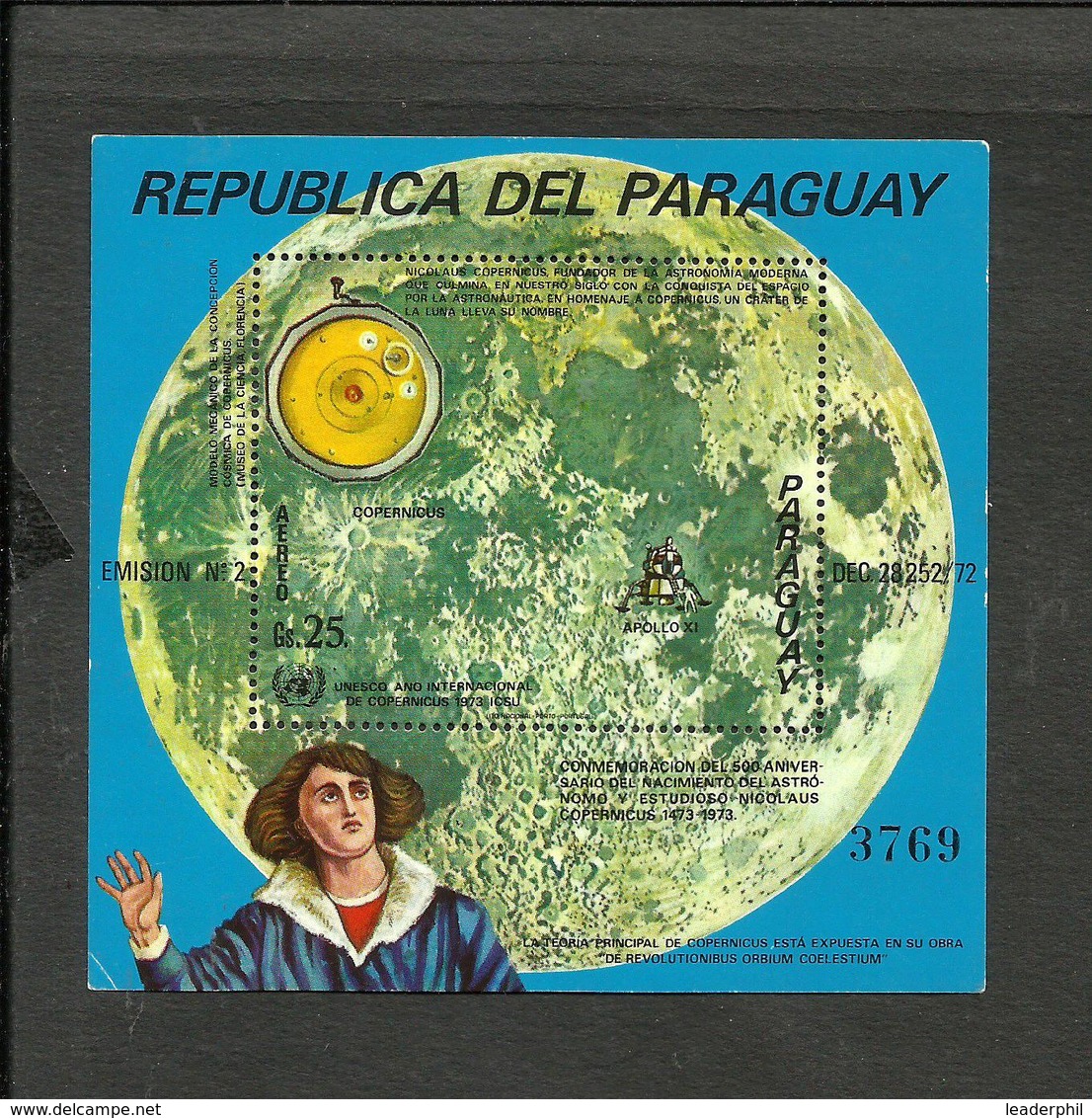 PARAGUAY COPERNIC SPACE KOSMOS MICHEL BL. 203  MINT - Paraguay