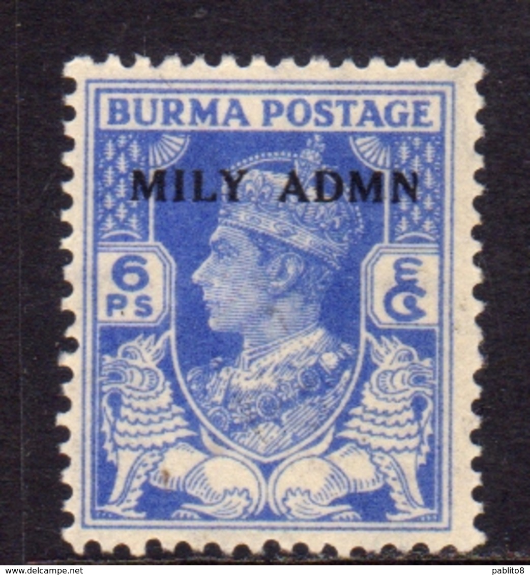 BURMA BIRMANIA BIRMANIE MYANMAR 1945 KING GEORGE VI RE GIORGIO SOPRASTAMPATO MILY ADMN OVERPRINTED 6p MNH - Birmania (...-1947)