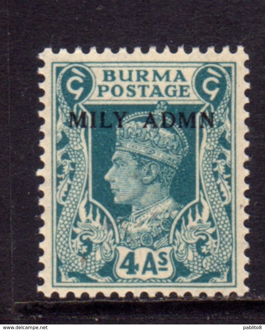 BURMA BIRMANIA BIRMANIE MYANMAR 1945 KING GEORGE VI RE GIORGIO SOPRASTAMPATO MILY ADMN OVERPRINTED 4a MNH - Birmania (...-1947)