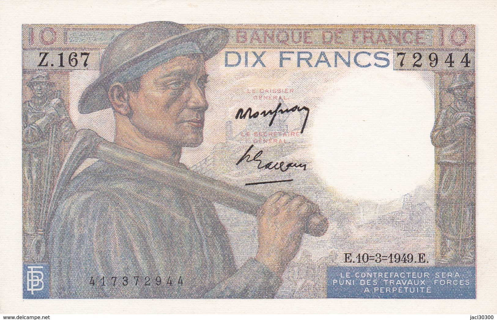 BILLET  10 FRANCS MINEUR Du 10-3-1949 * Z167 72944 * 1 épinglage (C) - 10 F 1941-1949 ''Mineur''