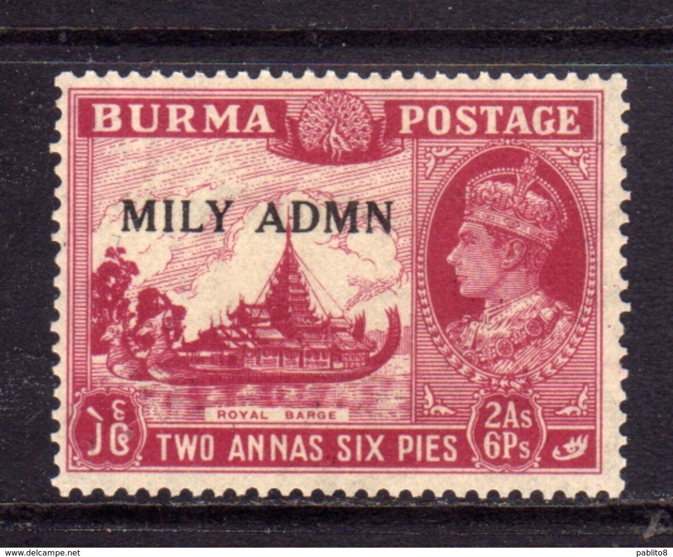 BURMA BIRMANIA BIRMANIE MYANMAR 1945 KING GEORGE VI RE GIORGIO SOPRASTAMPATO MILY ADMN OVERPRINTED 2a 6p MLH - Birmania (...-1947)