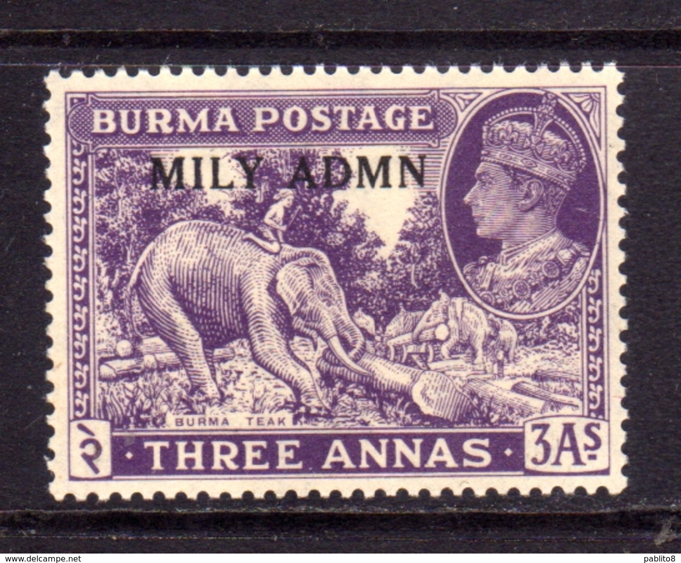 BURMA BIRMANIA BIRMANIE MYANMAR 1945 KING GEORGE VI RE GIORGIO SOPRASTAMPATO MILY ADMN OVERPRINTED 3a MLH - Birmania (...-1947)