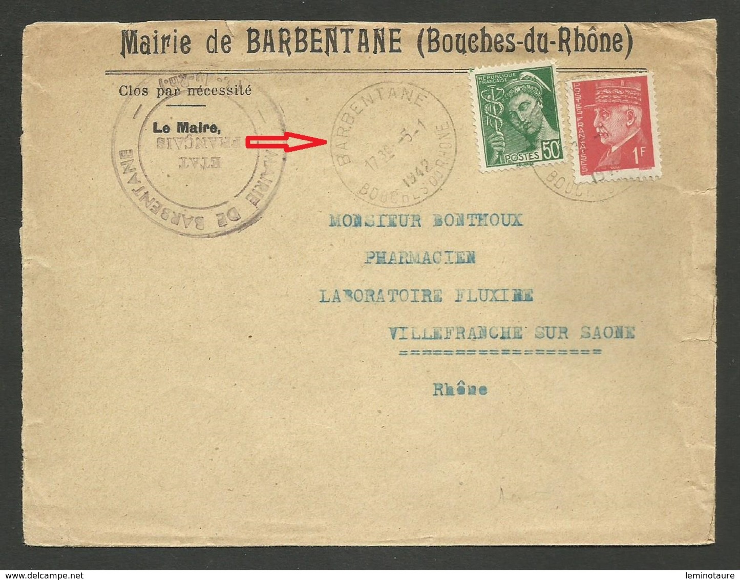 1er Jour Du Tarif ! ! ! / Pétain & Mercure / Enveloppe Mairie BARBENTANE 05.01.1942 - 1921-1960: Modern Period