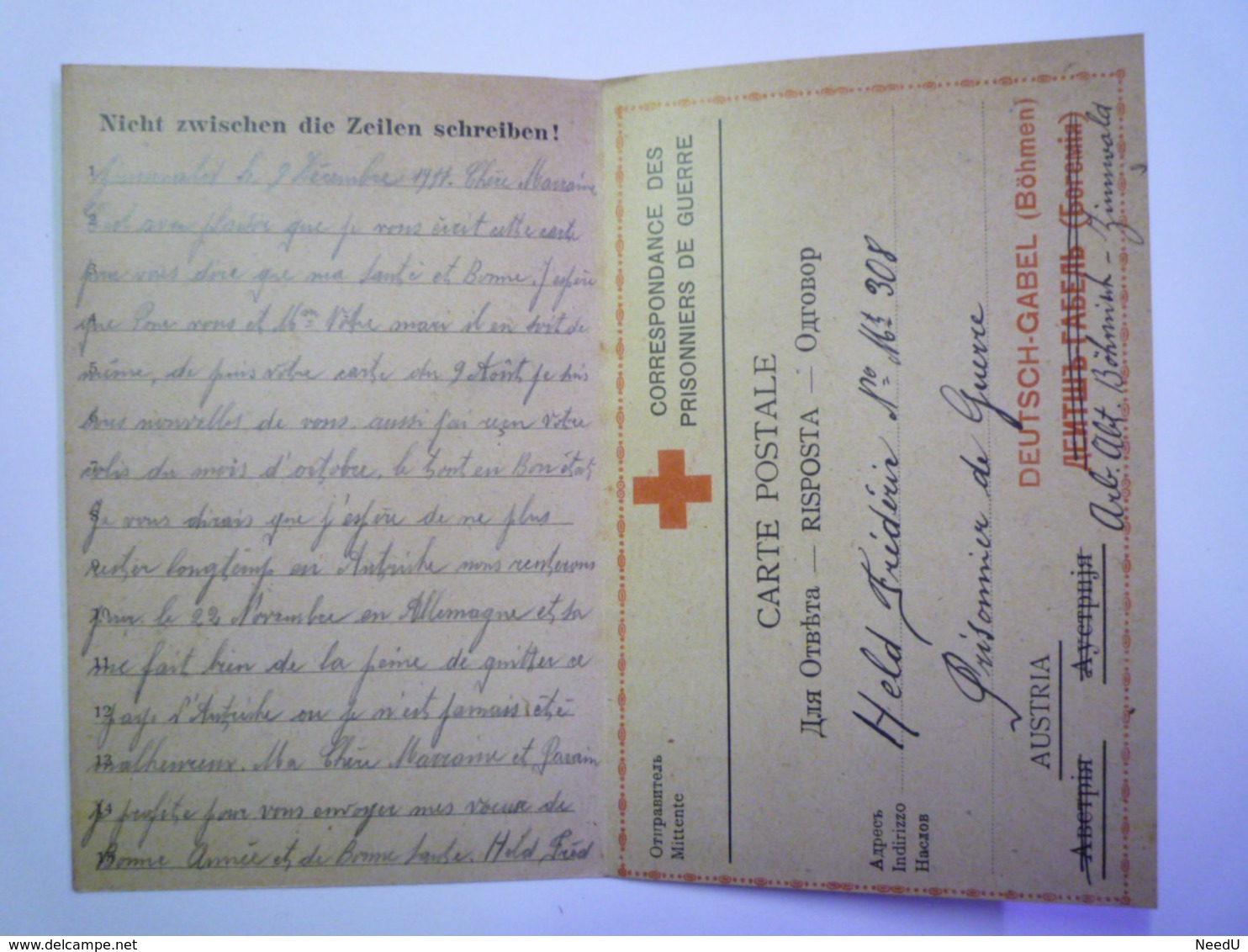 GP 2019  - 1322  DEUTSCH-GABEL (Böhmen)  1917  :  Kriegsgefangenen-Korrespondenz   XXX - Guerre 1914-18