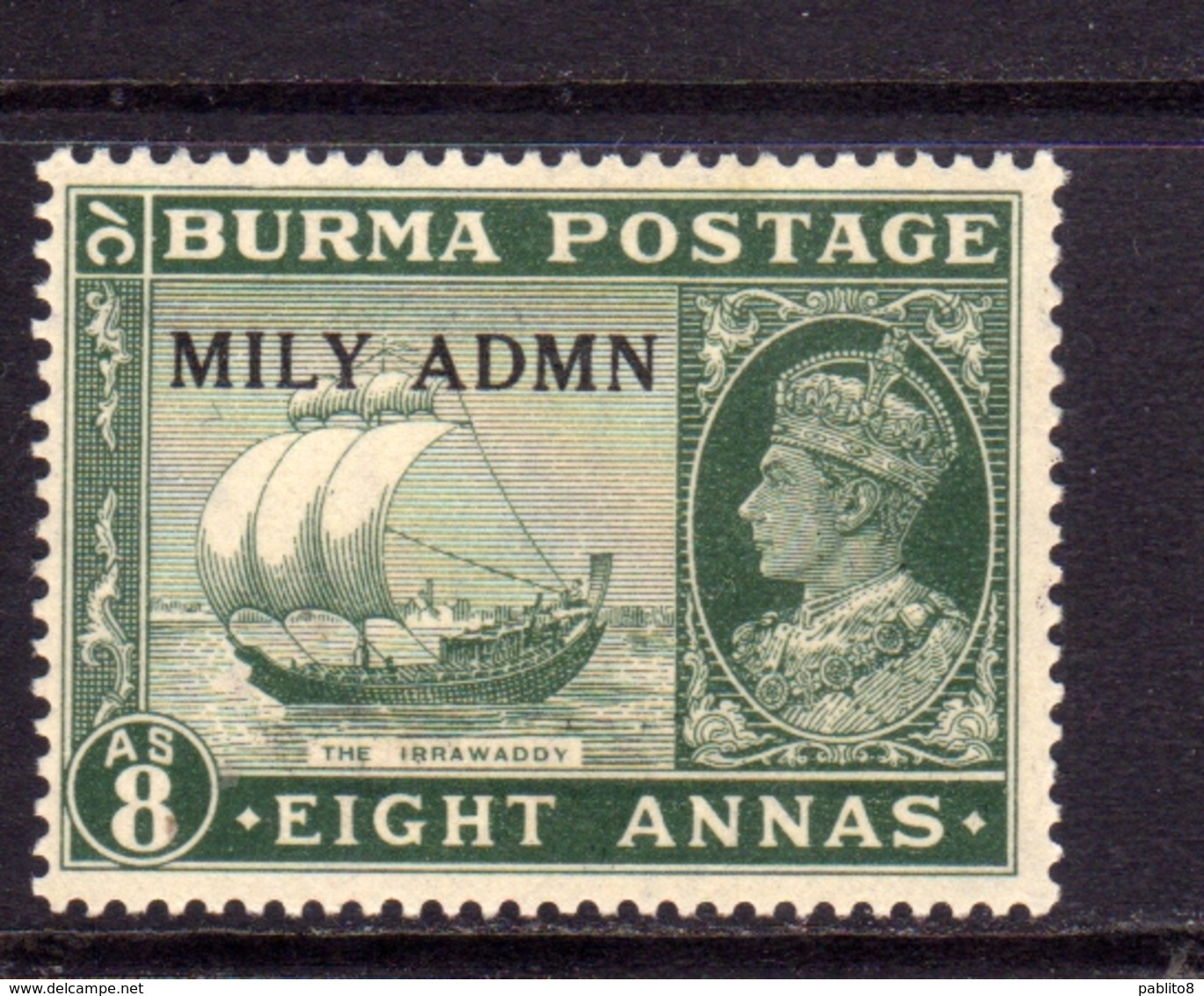 BURMA BIRMANIA BIRMANIE MYANMAR 1945 KING GEORGE VI RE GIORGIO SOPRASTAMPATO MILY ADMN OVERPRINTED 8a MLH - Birmania (...-1947)